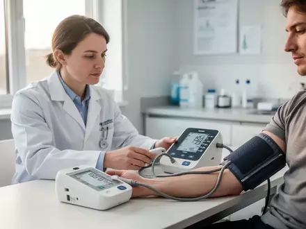 Ein Arzt misst in einer modernen Praxis den Blutdruck eines Patienten mit einem digitalen Blutdruckmessgerät. - Foto: über boerse-global.de