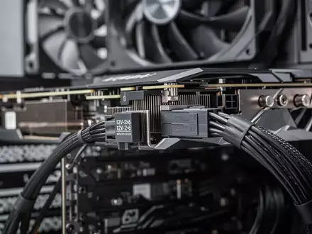 Nahaufnahme eines 12V-2x6-Stromanschlusses an einer modernen High-End-Grafikkarte in einem PC-Gehäuse. - Foto: über boerse-global.de