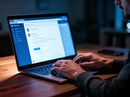 Ein beleuchteter Laptop auf einem Schreibtisch in einem dunklen Büro, der den Fokus auf die Gefahr von Phishing-E-Mails legt. - Foto: über boerse-global.de