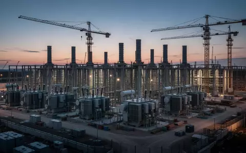 Ein großes, modernes Rechenzentrum im Bau bei Dämmerung mit Transformatoren und Kränen auf dem Gelände. - Foto: über boerse-global.de