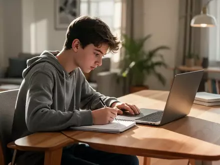Ein Jugendlicher sitzt an einem Schreibtisch und lernt an einem Laptop in einer hellen, häuslichen Umgebung. - Foto: über boerse-global.de