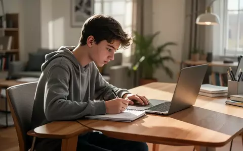 Ein Jugendlicher sitzt an einem Schreibtisch und lernt an einem Laptop in einer hellen, häuslichen Umgebung. - Foto: über boerse-global.de
