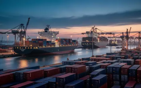 Ein belebter Überseehafen bei Dämmerung mit Containerschiffen und Frachtcontainern, die den transatlantischen Handel symbolisieren. - Foto: über boerse-global.de