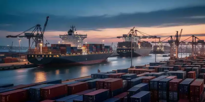 Ein belebter Überseehafen bei Dämmerung mit Containerschiffen und Frachtcontainern, die den transatlantischen Handel symbolisieren. - Foto: über boerse-global.de