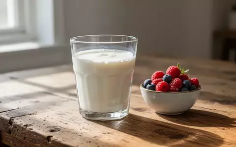 Ein Glas frischer Kefir und eine Schale mit Beeren auf einem Holztisch bei natürlichem Tageslicht. - Foto: über boerse-global.de