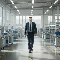 Ein Sicherheitsbeauftragter geht durch eine moderne, helle Industrieanlage mit Fokus auf Arbeitssicherheit. - Foto: über boerse-global.de