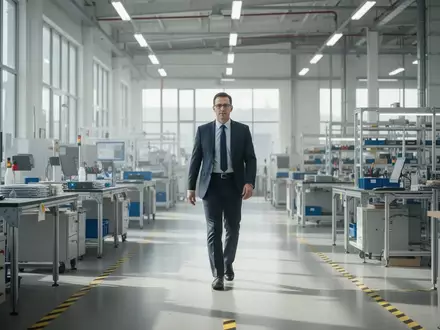 Ein Sicherheitsbeauftragter geht durch eine moderne, helle Industrieanlage mit Fokus auf Arbeitssicherheit. - Foto: über boerse-global.de