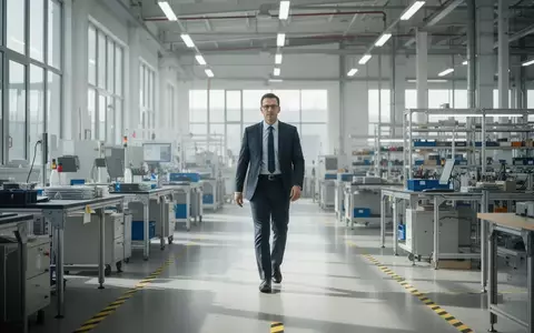 Ein Sicherheitsbeauftragter geht durch eine moderne, helle Industrieanlage mit Fokus auf Arbeitssicherheit. - Foto: über boerse-global.de