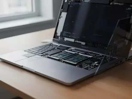 Ein modernes, offenes Lenovo-Notebook auf einem minimalistischen Schreibtisch, das den Fokus auf die interne Hardware legt. - Foto: über boerse-global.de