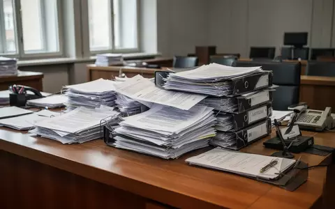 Ein Schreibtisch in einem Büro mit einem hohen Stapel ausgedruckter juristischer Dokumente und Aktenordner. - Foto: über boerse-global.de