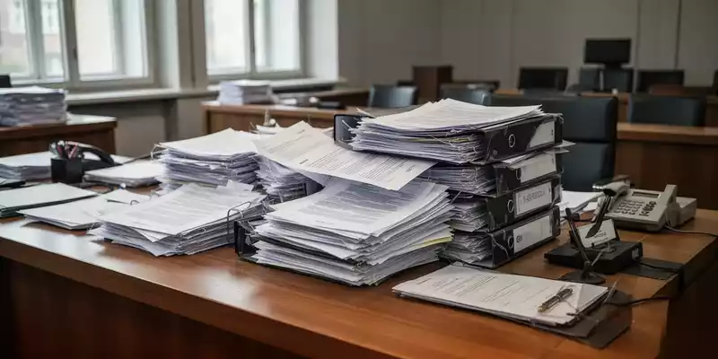 Ein Schreibtisch in einem Büro mit einem hohen Stapel ausgedruckter juristischer Dokumente und Aktenordner. - Foto: über boerse-global.de