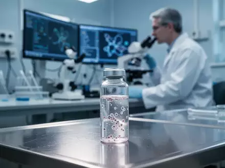 Ein medizinisches Labor mit einer Glasampulle für Zelltherapien im Vordergrund und einem Forscher im Hintergrund. - Foto: über boerse-global.de