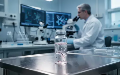 Ein medizinisches Labor mit einer Glasampulle für Zelltherapien im Vordergrund und einem Forscher im Hintergrund. - Foto: über boerse-global.de