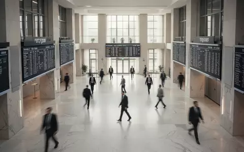 Moderne, minimalistische Architektur einer Börsenhalle mit verschwommenen Personen im Hintergrund. - Foto: über boerse-global.de