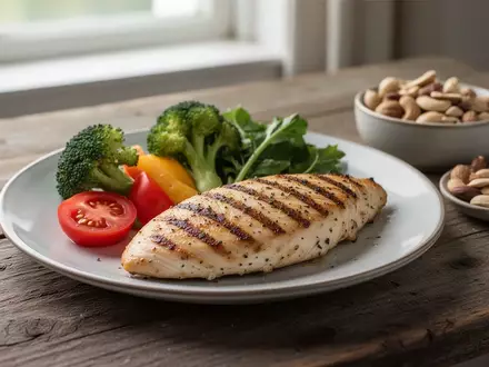 Ein Teller mit gegrilltem Hähnchen und frischem Gemüse auf einem Holztisch als Symbol für proteinreiche Ernährung. - Foto: über boerse-global.de
