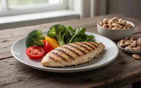 Ein Teller mit gegrilltem Hähnchen und frischem Gemüse auf einem Holztisch als Symbol für proteinreiche Ernährung. - Foto: über boerse-global.de