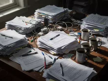 Ein unordentlicher Schreibtisch mit verstreuten Unterlagen und Büromaterialien bei natürlichem Lichteinfall. - Foto: über boerse-global.de