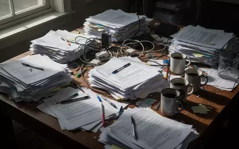 Ein unordentlicher Schreibtisch mit verstreuten Unterlagen und Büromaterialien bei natürlichem Lichteinfall. - Foto: über boerse-global.de