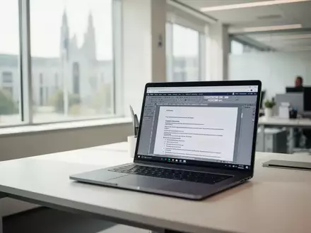 Moderner Büroarbeitsplatz in einer Behörde mit einem Laptop auf dem Schreibtisch vor einer hellen Fensterfront. - Foto: über boerse-global.de