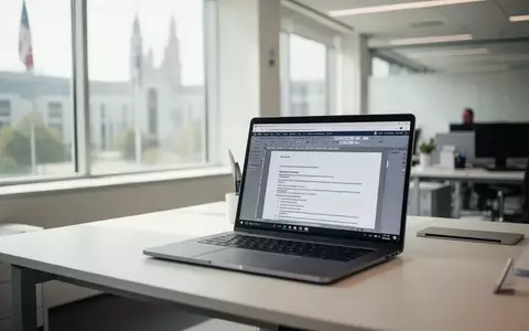 Moderner Büroarbeitsplatz in einer Behörde mit einem Laptop auf dem Schreibtisch vor einer hellen Fensterfront. - Foto: über boerse-global.de