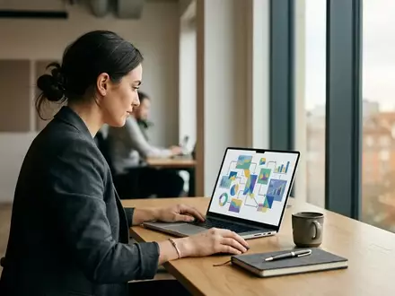 Ein moderner Arbeitsplatz mit einem Laptop, auf dem komplexe Projektmanagement-Daten und grafische Abläufe zu sehen sind. - Foto: über boerse-global.de