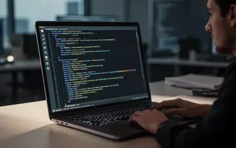 Ein Programmierer arbeitet an einem Laptop, auf dessen Bildschirm komplexer Software-Code in einer dunklen Büroumgebung zu sehen ist. - Foto: über boerse-global.de