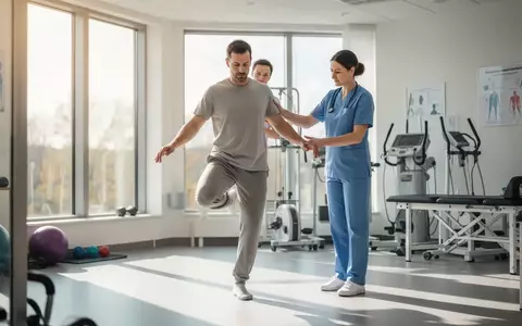 Ein Patient führt in einer hellen, modernen Rehaklinik unter Anleitung eines Therapeuten Gleichgewichtsübungen durch. - Foto: über boerse-global.de