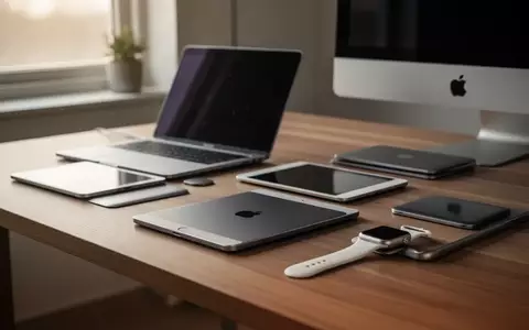 Eine Auswahl älterer Apple-Geräte wie MacBook, iPad und Apple Watch auf einem minimalistischen Schreibtisch. - Foto: über boerse-global.de