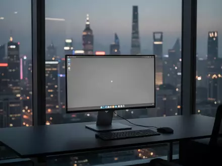 Ein moderner, minimalistischer Computerarbeitsplatz in einem Büro mit Blick auf die nächtliche Skyline einer chinesischen Großstadt. - Foto: über boerse-global.de