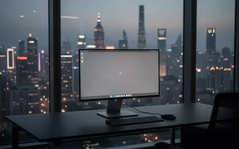 Ein moderner, minimalistischer Computerarbeitsplatz in einem Büro mit Blick auf die nächtliche Skyline einer chinesischen Großstadt. - Foto: über boerse-global.de