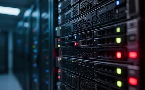 Server-Racks in einem dunklen Rechenzentrum, beleuchtet durch blaues und rotes Umgebungslicht als Symbol für Cybersicherheit. - Foto: über boerse-global.de