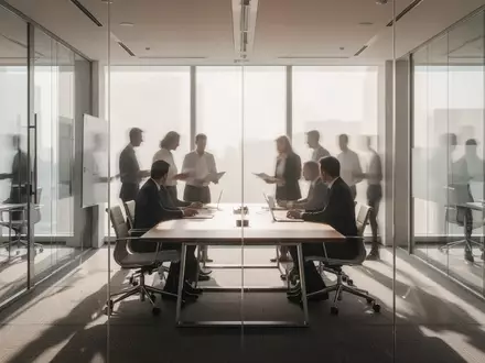 Moderne Büroarchitektur mit unscharfen Silhouetten von Geschäftsleuten an einem Konferenztisch bei natürlichem Licht. - Foto: über boerse-global.de