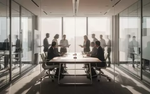 Moderne Büroarchitektur mit unscharfen Silhouetten von Geschäftsleuten an einem Konferenztisch bei natürlichem Licht. - Foto: über boerse-global.de