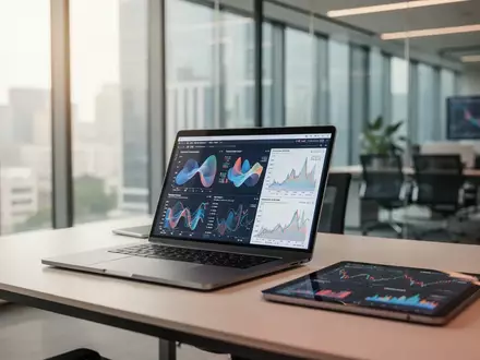 Ein moderner, heller Büroarbeitsplatz mit Laptop und Tablet, auf dem komplexe Datenanalysen für Finanzberichte zu sehen sind. - Foto: über boerse-global.de