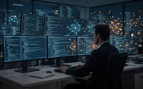 Cybersecurity-Experte an einem Arbeitsplatz mit komplexen Datenvisualisierungen in einem dunklen Kontrollraum. - Foto: über boerse-global.de