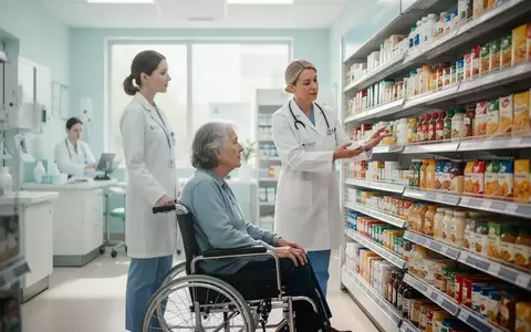 Ein Therapeut unterstützt einen Patienten im Rollstuhl bei einer Übung in einem nachgebildeten Supermarkt zur Rehabilitation. - Foto: über boerse-global.de