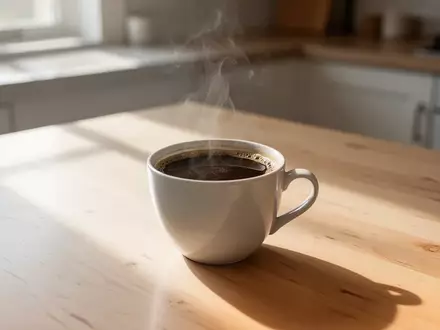Eine Tasse frisch gebrühter schwarzer Kaffee auf einem hellen Holztisch im sanften Morgenlicht. - Foto: über boerse-global.de