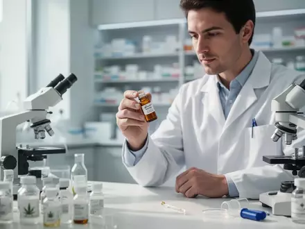 Eine pharmazeutische Fachkraft untersucht ein Fläschchen mit medizinischem Cannabis-Extrakt in einem modernen Labor. - Foto: über boerse-global.de