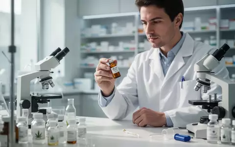 Eine pharmazeutische Fachkraft untersucht ein Fläschchen mit medizinischem Cannabis-Extrakt in einem modernen Labor. - Foto: über boerse-global.de