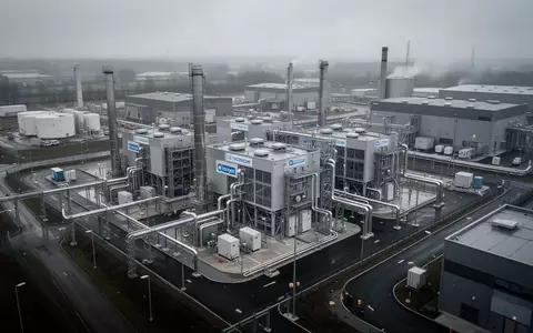 Moderne Wasserstoff-Brennstoffzellenanlage in einem Industriepark an einem bewölkten Tag. - Foto: über boerse-global.de
