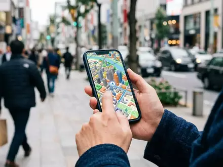 Person hält ein Smartphone mit einer detaillierten 3D-Kartenansicht in einer belebten Stadt. - Foto: über boerse-global.de