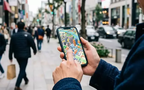 Person hält ein Smartphone mit einer detaillierten 3D-Kartenansicht in einer belebten Stadt. - Foto: über boerse-global.de