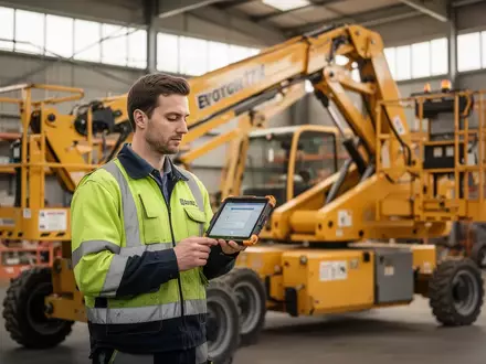 Ein Mitarbeiter in Warnkleidung nutzt ein Tablet neben einer gelben Arbeitsbühne in einer Lagerhalle für Baumaschinen. - Foto: über boerse-global.de