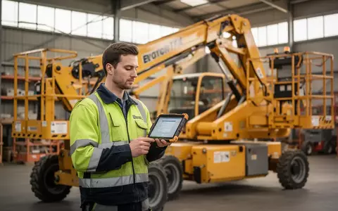 Ein Mitarbeiter in Warnkleidung nutzt ein Tablet neben einer gelben Arbeitsbühne in einer Lagerhalle für Baumaschinen. - Foto: über boerse-global.de
