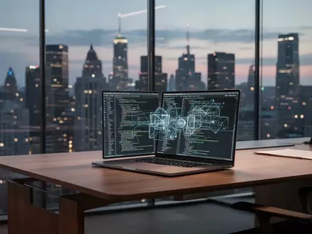 Ein moderner, minimalistischer Büroarbeitsplatz mit einem Laptop, auf dem komplexer Programmcode zu sehen ist. - Foto: über boerse-global.de