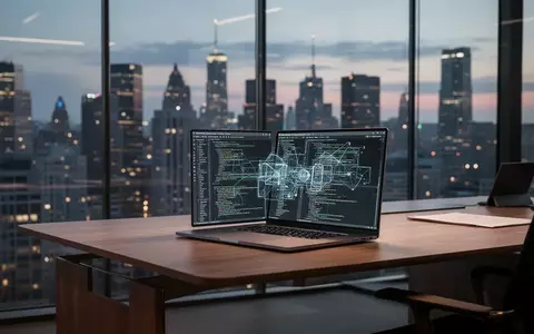 Ein moderner, minimalistischer Büroarbeitsplatz mit einem Laptop, auf dem komplexer Programmcode zu sehen ist. - Foto: über boerse-global.de