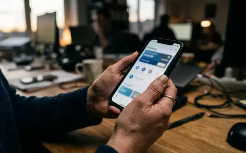 Eine Person hält ein Smartphone in der Hand, während sie in einem Büro sitzt, Fokus auf die Handbewegung. - Foto: über boerse-global.de