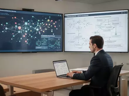 Ein Datenanalyst arbeitet in einem modernen Büro vor einem Monitor mit komplexen Netzwerk-Visualisierungen. - Foto: über boerse-global.de