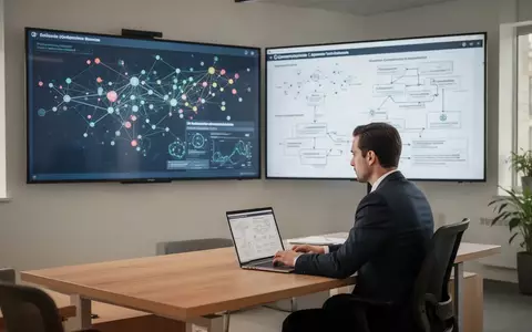 Ein Datenanalyst arbeitet in einem modernen Büro vor einem Monitor mit komplexen Netzwerk-Visualisierungen. - Foto: über boerse-global.de