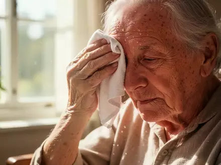 Ältere Person, die sich an einem heißen Sommertag in einem sonnendurchfluteten Raum den Schweiß von der Stirn wischt. - Foto: über boerse-global.de